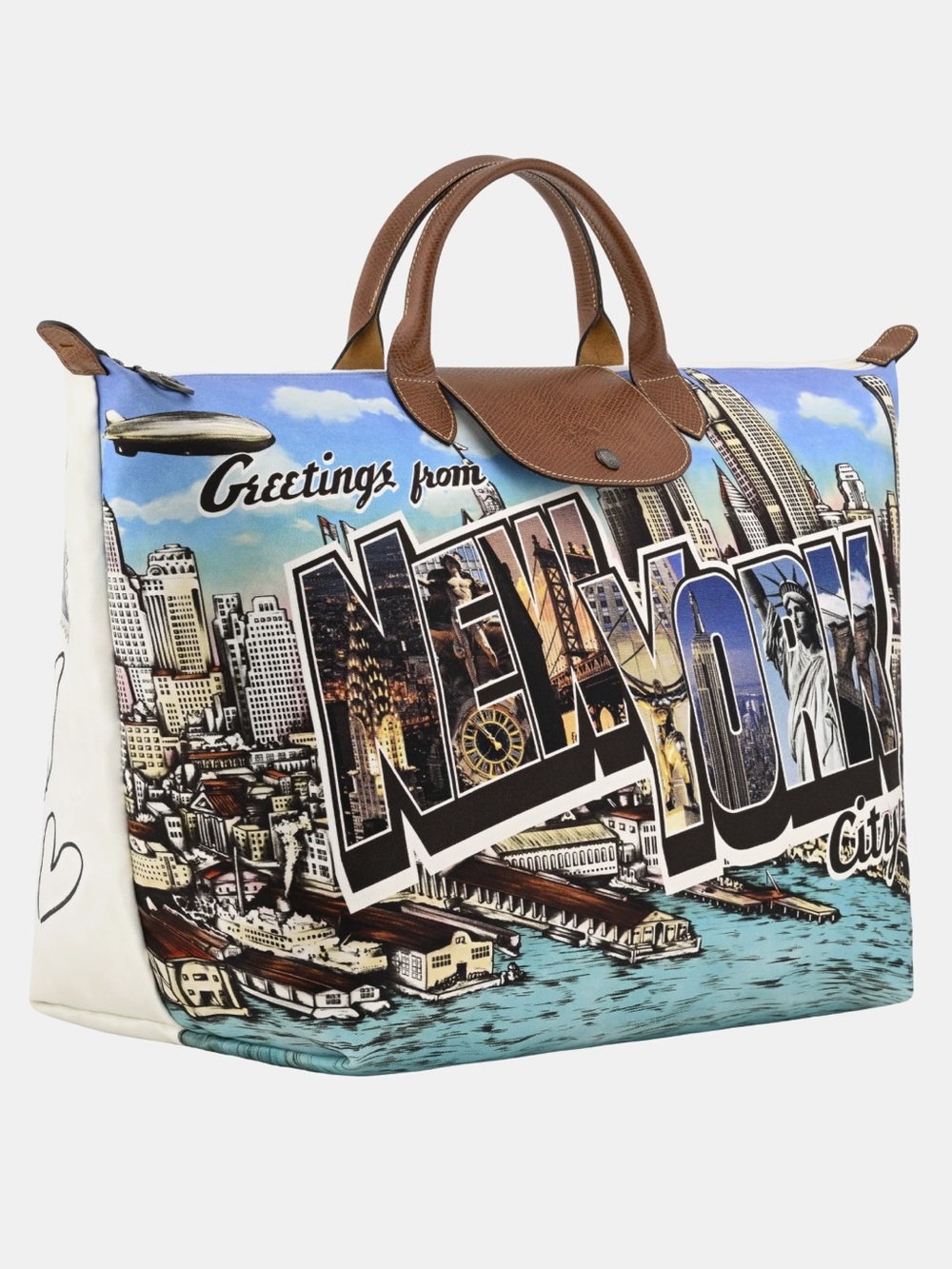 Longchamp Multi-Color New York City Printed Canvas Tote with Brown Trim - Picture 2 of 4